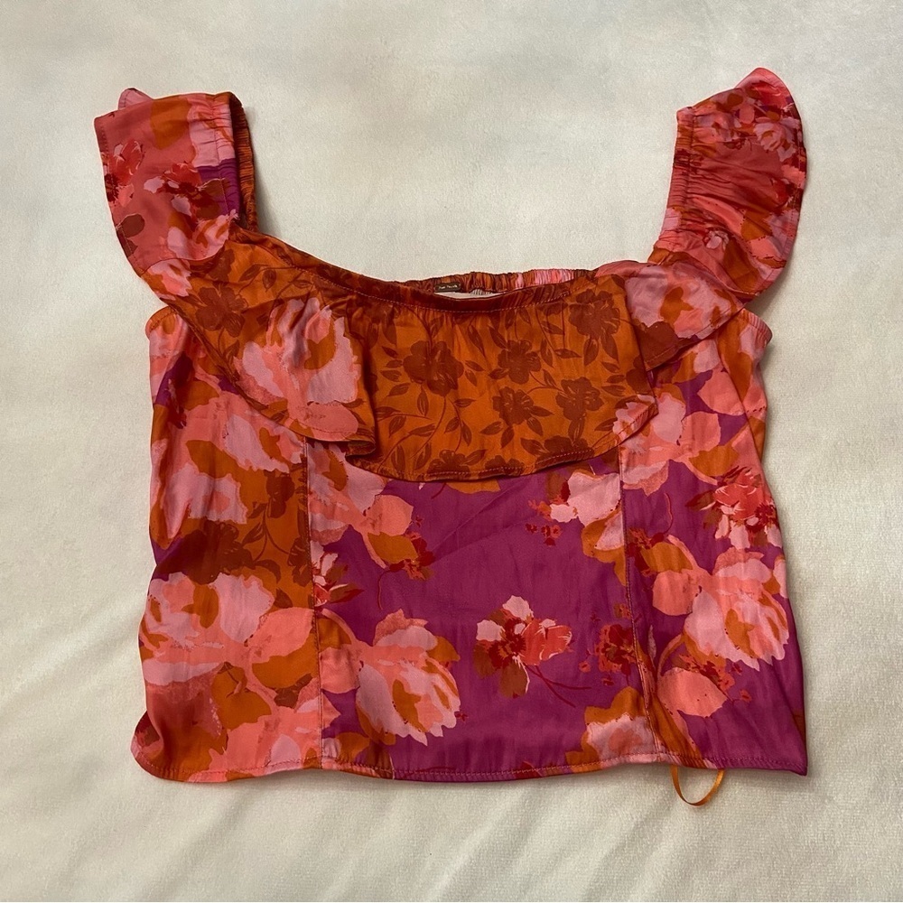 Free People floral Ruffled Crop off shoulder top 3619